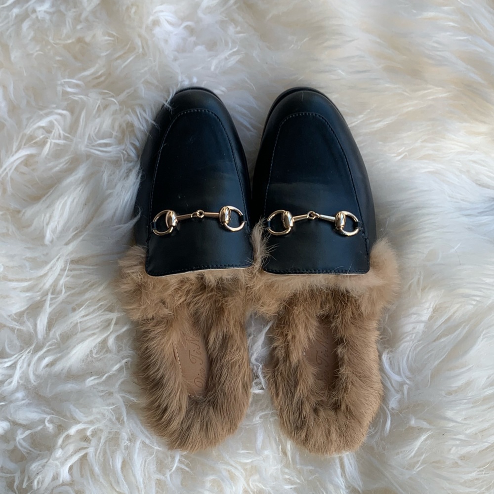 Black leather fuzzy mules